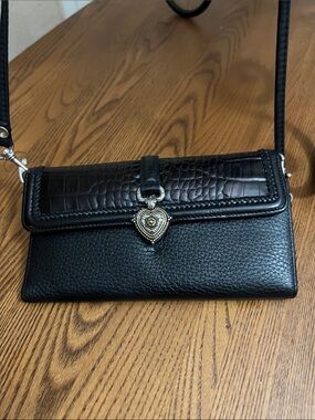 Brighton Black Croc-Trim Leather  Wallet Crossbody with Heart Charm